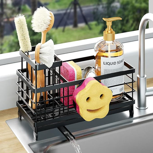 HapiRm Sponge Holder for Kitchen Sink - Self-draining Sink Caddy with Smiley Face and Brush Holder, Stainless Steel Kitchen Countertop Essentials and Gadgets - Black by HapiRm