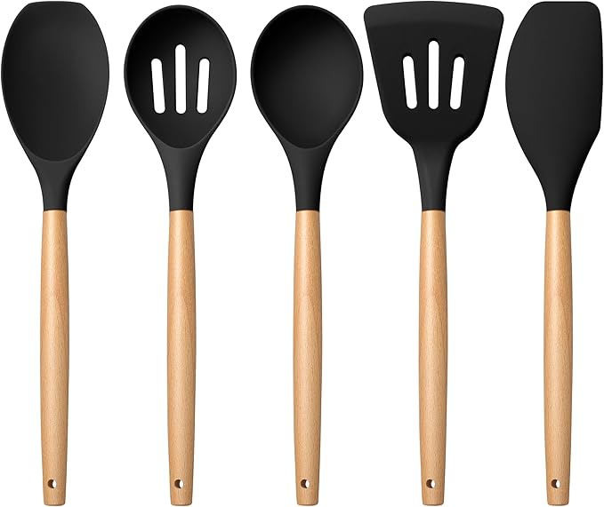 E-far Silicone Cooking Utensils Set, 5-Piece Black Kitchen Utensils Set with Wooden Handle for Cooking, Silicone Kitchen Nonstick Tools Spatula Turner Slotted Spoons, Nontoxic & Heat Resistant-Black by E-far