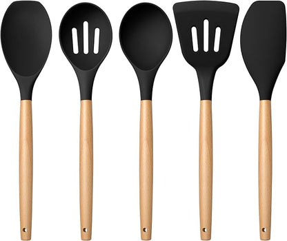 E-far Silicone Cooking Utensils Set, 5-Piece Black Kitchen Utensils Set with Wooden Handle for Cooking, Silicone Kitchen Nonstick Tools Spatula Turner Slotted Spoons, Nontoxic & Heat Resistant-Black by E-far