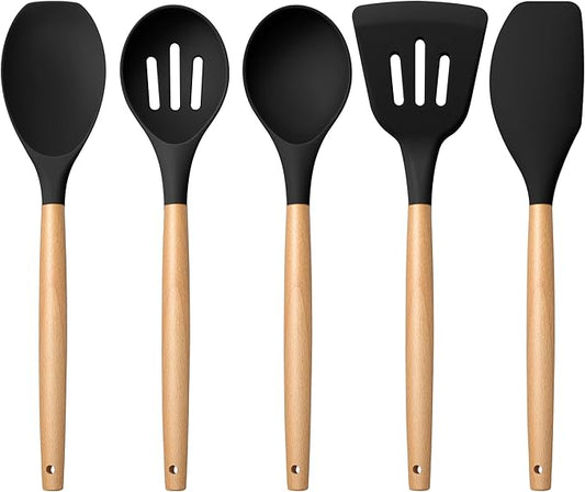 E-far Silicone Cooking Utensils Set, 5-Piece Black Kitchen Utensils Set with Wooden Handle for Cooking, Silicone Kitchen Nonstick Tools Spatula Turner Slotted Spoons, Nontoxic & Heat Resistant-Black by E-far
