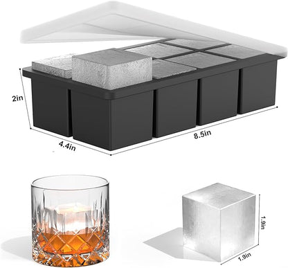 Bangp Large Ice Cube Tray for Whiskey (2 Pack),Metal Reinforced Frame Big Ice Cube Molds,Large Square Ice Cube Trays with lid,Easy Release Ice Trays for making 16 Giant Ice Cubes for Whiskey Cocktails