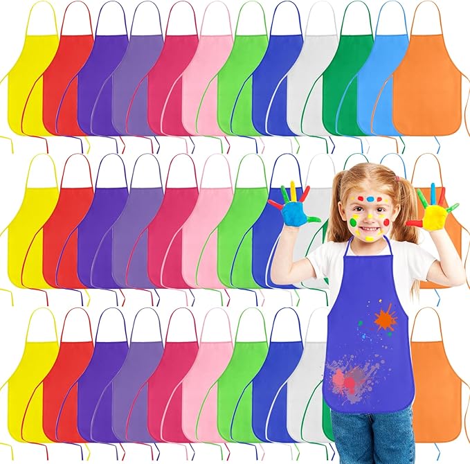 KUUQA 16/24/30/36/40Pcs Kids Apron Painting Aprons for Kids, Kids Paint Apron Art Smock for Classroom Painting Party Supplies