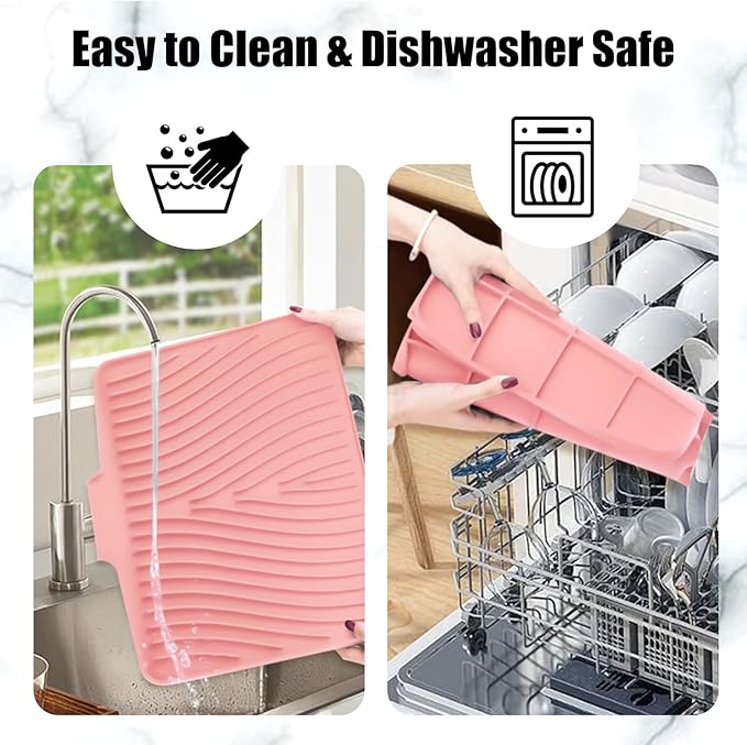 TIKNIK Silicone Dish Drying Mat, Stone Drying Mat for Kitchen Counter with Built-In Drain, Non-Slip Drain Pad with Built-in Drain, Heat Resistant Stone Drying Mat, Hangable, Pink-1pcs, 16" x 12" - Image 5