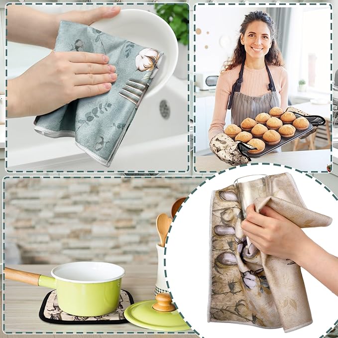 Fourluoo 10 Pcs Farmhouse Kitchen Decor and Accessories Set 4 Kitchen Towels 2 Pot Holders 2 Oven Mitts 2 Rugs for Cooking Baking Mom Housewarming Gifts(Soft Color,Elegant Style) - Image 6