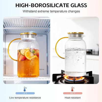2 PACK Glass Pitcher with Lid, 68oz/2Liter Borosilicate Glass Water Pitcher, Heat Resistant Vertical Striped Water Carafe for Iced Tea, Fruit Tea, and Hot Beverages, Dishwasher Safe
