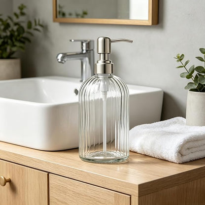 Glass Hand Soap Dispenser Silver Pump Refillable Dish Shampoo Lotion Bottle with Brushed Bathroom Kitchen Decor 18 OZ