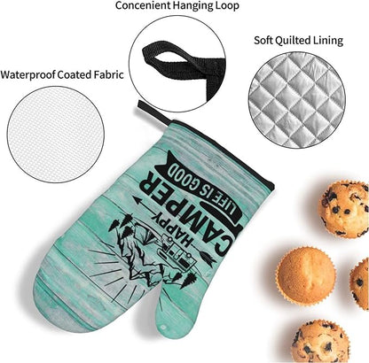 Happy Camper Oven Mitts and Pot Holders Sets of 4,Resistant Hot Pads with Polyester Non-Slip BBQ Gloves for Kitchen,Cooking,Baking,Grilling
