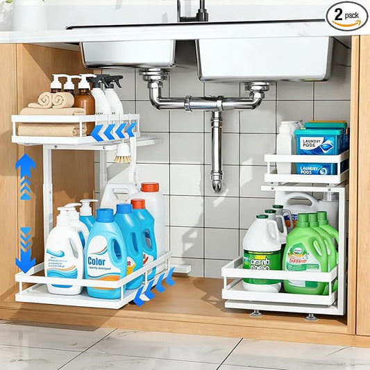 Under Sink Organizer, Dual-Rail Ball-Bearing, Under Kitchen Sink Organizer, 6-Level Adjustable, Under Cabinet Organizer, No-Drill Adhesive/Suction, Under Sink Storage (White, Double Layer - 2 Pack)