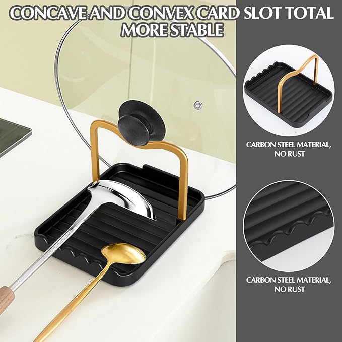 Ysks'hf spoon holder and pot lid holder，stainless steel，Kitchen Utensil Rest, scraper holder & pot holder，Spoon Holder for Stove Top - Kitchen Utensil Holder for Ladles & Tongs (Gold Black)