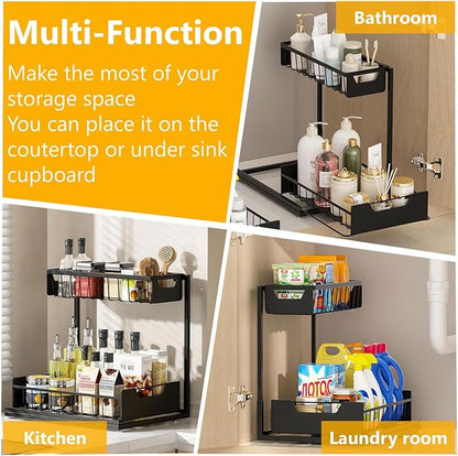 Ceetug Under Kitchen Sink Organizers and Storage Pull Out 2 Tier Metal Bathroom Cabinet Organizer (Black, 2 Pack) - Image 7