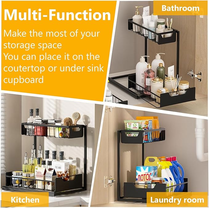 Ceetug Under Kitchen Sink Organizers and Storage Pull Out 2 Tier Metal Bathroom Cabinet Organizer (Black, 1 Pack) - Image 7