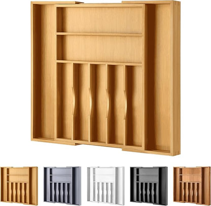 Large Premium Bamboo Silverware Organizer - Expandable Drawer Organizer & Utensil Organizer - 17"x19.7" Cutlery Tray with Dividers for Kitchen Utensils and Flatware (7-9 Slots) (Natural) by oridom