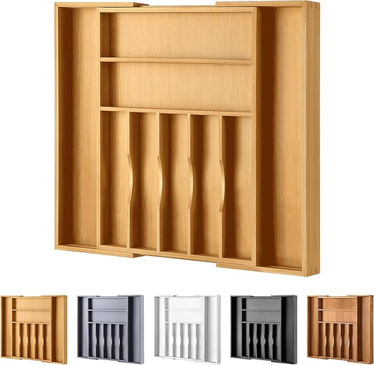 Large Premium Bamboo Silverware Organizer - Expandable Drawer Organizer & Utensil Organizer - 17"x19.7" Cutlery Tray with Dividers for Kitchen Utensils and Flatware (7-9 Slots) (Natural) by oridom