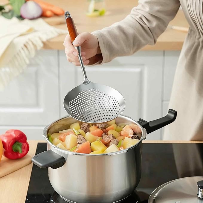 Stainless Steel Skimmer Slotted Spoon, Spider Strainer Ladle with Long Handle for Cooking, Draining Pasta, Deep Frying(Wooden Handle)