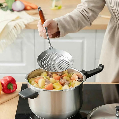 Stainless Steel Skimmer Slotted Spoon, Spider Strainer Ladle with Long Handle for Cooking, Draining Pasta, Deep Frying(Wooden Handle)
