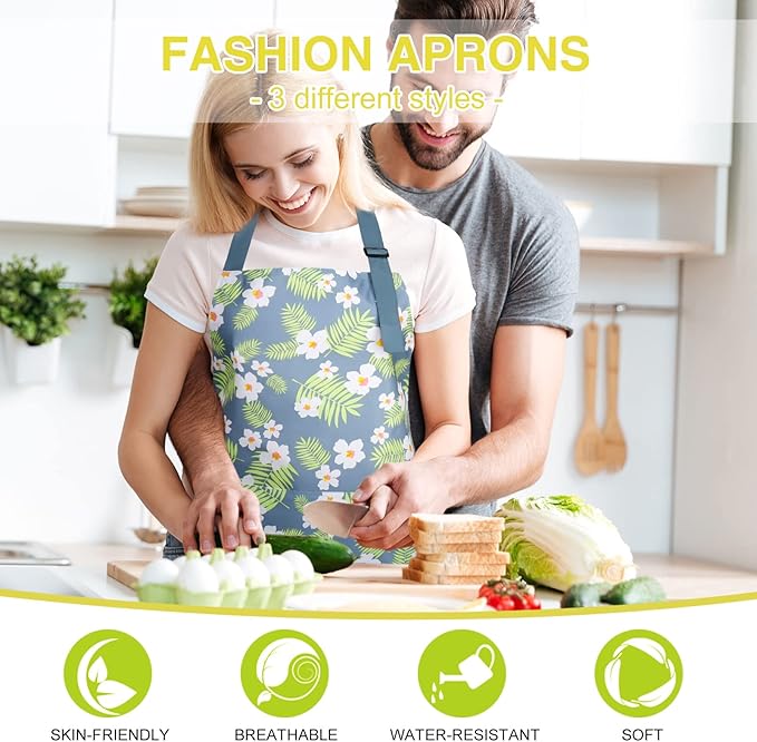 BOUMUSOE 3 Pack Floral Aprons with Pocket, Blooming Womens Aprons Waterproof Adjustable Cooking Apron for Kitchen Gardening - Image 6