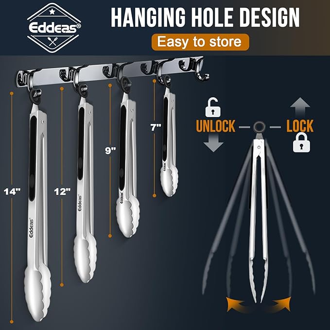 EDDEAS Grill Tongs - BBQ Tongs Heat Resistant 600 Degrees, Heavy Duty Metal, Perfect for Cooking, Grilling, Set of 4, 7",9",12" & 14 inch Black - Image 9