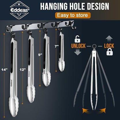 EDDEAS Grill Tongs - BBQ Tongs Heat Resistant 600 Degrees, Heavy Duty Metal, Perfect for Cooking, Grilling, Set of 4, 7",9",12" & 14 inch Black - Image 9