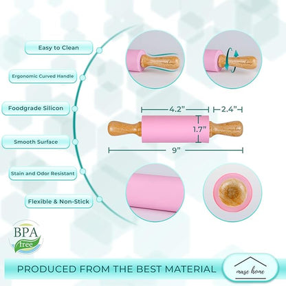 Mini Silicone Rolling Pin for Kids Baking – | Ideal for Toddlers, Playdough, Clay, Cookies & Pastry - 9" Small Size (Pink)