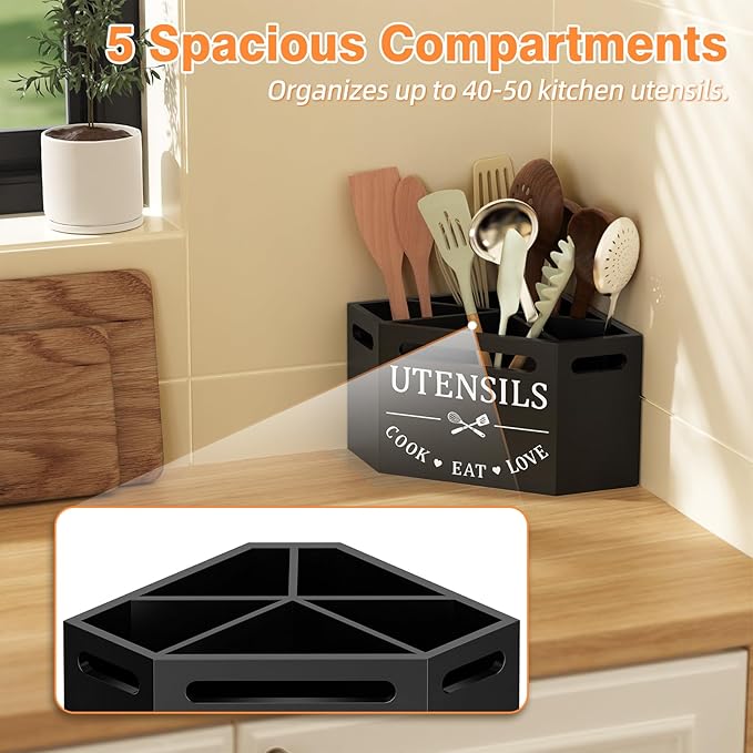 Kitchen Utensils Holder with 5 Compartments, Corner Utensil Caddy for Countertop, Black Large Wooden Utensil Organizer for Kitchen Countertop for Silverware Spoon Spatula - Image 4