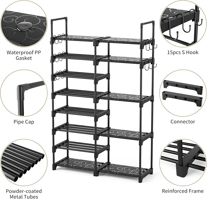 ROJASOP Shoe Rack Organizer, 8-Tier Metal Shoe Rack for Closet Entryway Garage, 26-32 Pairs Tall Shoe Boot Storage Shelf with 15 Hooks, Stackable Large Shoe Stand - Image 5