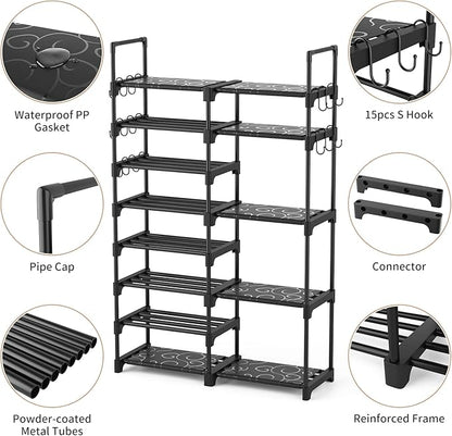 ROJASOP Shoe Rack Organizer, 8-Tier Metal Shoe Rack for Closet Entryway Garage, 26-32 Pairs Tall Shoe Boot Storage Shelf with 15 Hooks, Stackable Large Shoe Stand - Image 5