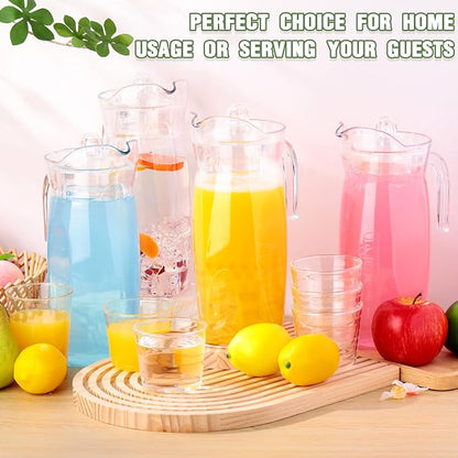 Didaey 4 Pcs Acrylic Water Pitcher with Lid, Spout Handle Clear Plastic Pitcher Heat Resistant Carafe Unbreakable Beverage Container Fridge Jug for Juice Ice Tea Sangria Lemonade(44 oz,Diamond)