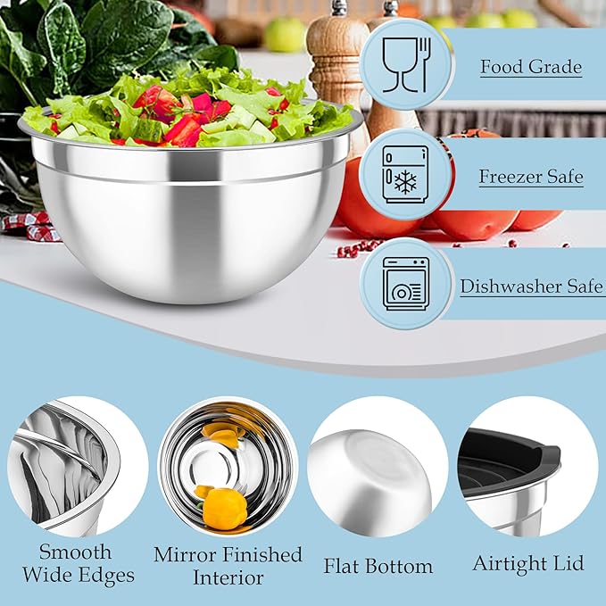 TeamFar Mixing Bowls, Stainless Steel Nesting Salad Bowls with Lids Set of 3 & 3 Grater Attachments, For Mixing/Serving/Storing, Non-toxic & Long-lasting, Size 4.6/3 / 1.5 QT, Black - Image 4