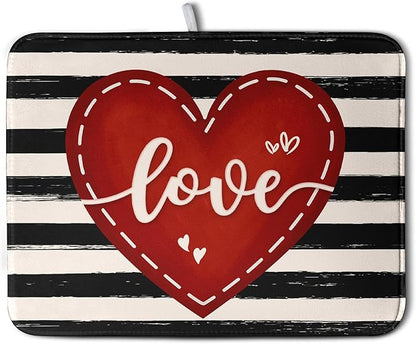 Valentine's Day Dish Drying Mat for Kitchen Counter 18x24 Black White Stripes Red Love Heart Dishes Drainer Mats Absorbent Dish Pad Large Dish Draining Mat for Coffee Bar by Kwlegh