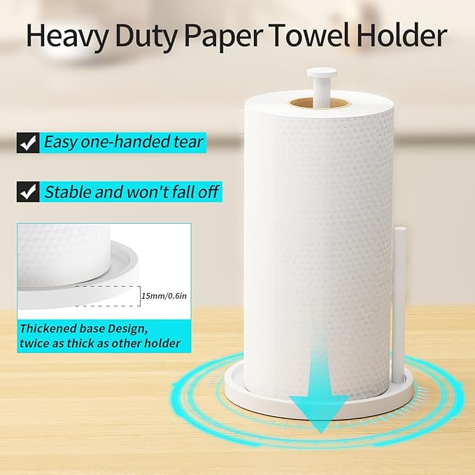 Paper Towel Holder Countertop, Standing Paper Roll Holder with Anti Slip Weighted Base, Stainless Steel Freestanding Paper Towel Holder for Kitchen, White - Image 3