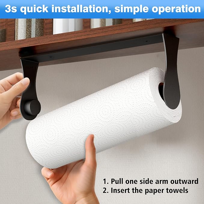 Paper Towel Holder Under Cabinet, Black, Adhesive & Wall Mount, Under Counter Paper Towel Rack for Kitchen and Bathroom, Home and Kitchen Decor - Image 2