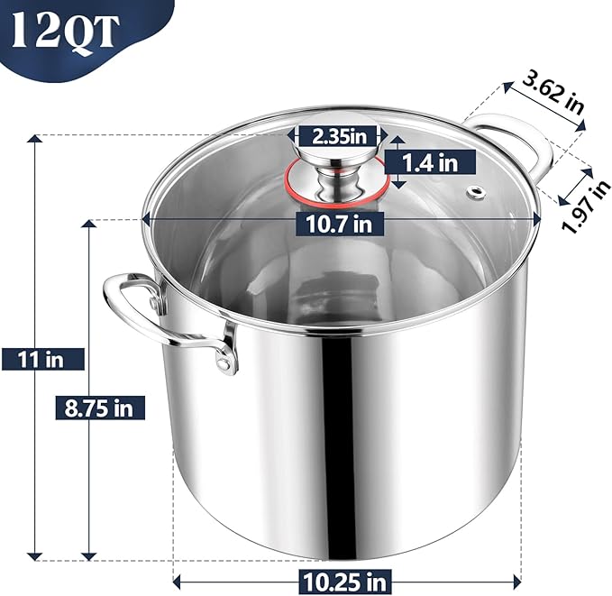 P&P CHEF 12 Quart Stainless Steel Stock Pot with Lid, Large Stockpot for Cooking Pasta Soup, Cookware for Induction Gas Electric Stoves, Visible Lid & Measuring Markings, Dishwasher Safe - Image 2