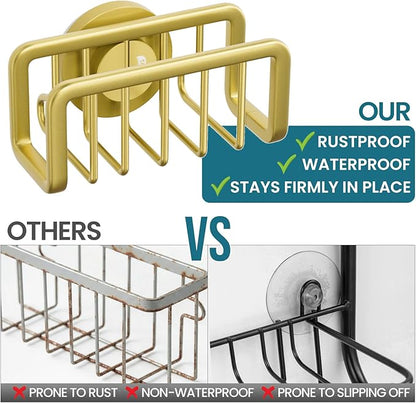 TAILI Sponge Holder for Kitchen Sink with Strong Suction Cup, Rustproof Aluminum Sink Caddy for Sponges, Removable Sponge Holder, Dish Brush for Scraper - Gold