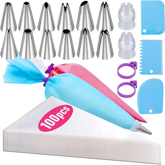 Piping Bags and Tips Set, 100Pcs 12 Inch Pastry Bags, Icing Bags Disposable for Cakes Decorating Kit Supplies with 1 Reusable Piping Bags, 1 Couplers, 12 Frosting Tips, 2 Bag Ties, 3 Cake Scraper by Wddeevoi