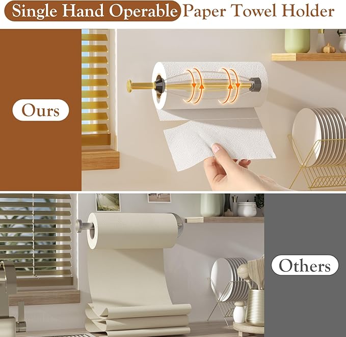 Paper Towel Holder Under Cabinet with 2 Hooks, Paper Towel Holder Wall Mount with Damping Effect, Self-Adhesive or Drilled Paper Roll Holders for Kitchen, Bathroom, RV(Gold) - Image 2