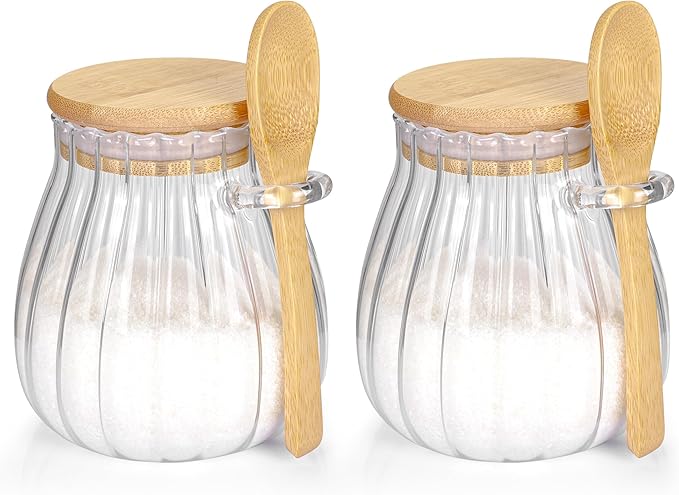 holoith 2Pcs Sugar Container with Bamboo Lid and Spoon,15oz Sugar Bowl Glass Jar for Coffee Bar Accessories Coffee Canister Kitchen Decor Housewarming Gift Christmas Refillable Design by Holoith