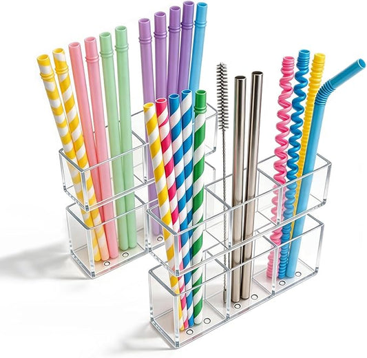 2 PACK Small Acrylic Straw Holder for Cabinet Doors, Reusable Adjustable Two-Part Straw Organizer with Ultra Sticky Adhesive Strips, 2026 Space-Saving Straw Storage for Kitchen Cupboard