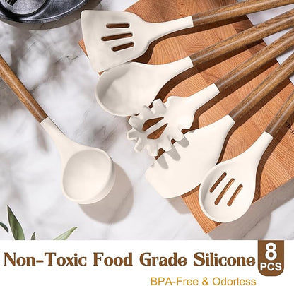 Silicone Cooking Utensil Set,Umite Chef 8-Piece Kitchen Utensils Set with Natural Acacia Wooden Handles, Silicone Kitchen Gadgets and Spatula Set for Nonstick Cookware - Khaki - Image 2