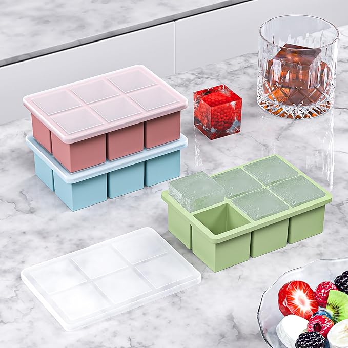 Large Ice Cube Tray for Whiskey 3 Pack, HANCELANT Big Silicone Square Ice Cube Mold with Removable Lid, 2'' Huge Square Ice Cubed Tray for Whisky and Cocktail(Blue+Green+Pink) - Image 6
