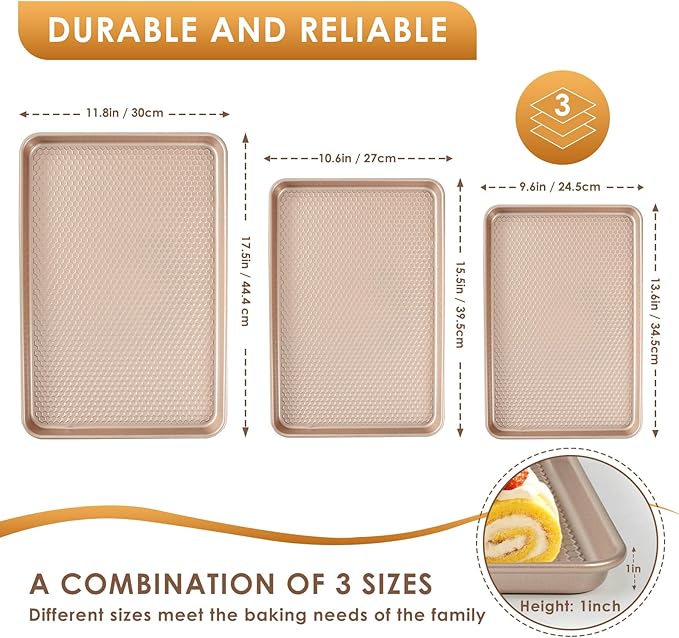 Baking Sheet Pan Set of 3, Nonstick Carbon Steel Cookie Sheets with Texture, Commercial Half/Quarter/Jelly Roll Pans Replacement Toaster Oven Tray, Heavy Duty & Easy Clean, Rose Gold - Image 2