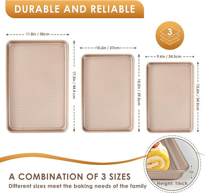 Baking Sheet Pan Set of 3, Nonstick Carbon Steel Cookie Sheets with Texture, Commercial Half/Quarter/Jelly Roll Pans Replacement Toaster Oven Tray, Heavy Duty & Easy Clean, Rose Gold - Image 2