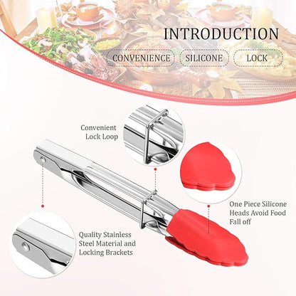 6 Pieces 7 Inch Mini Silicone Tip Tongs Kitchen Serving Tongs Small Metal Locking Tongs for Salad Grilling Cooking, 6 Colors