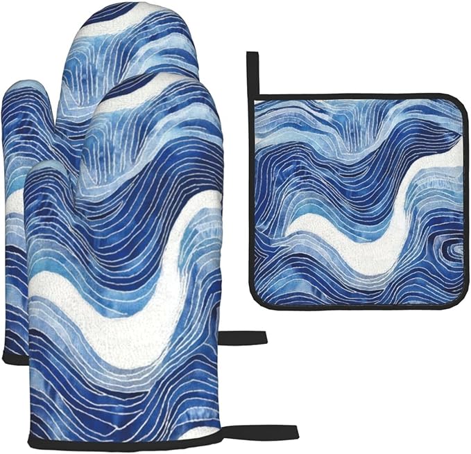 Blue and White Ocean Wave Oven Mitts and Pot Holders Sets of 3, Heat Resistant Non-Slip Washable Coastal Blue White Kitchen Gloves Hot Pads Gift for Baking Cooking Grilling Enthusiasts, Kitchen Decor by Unknown