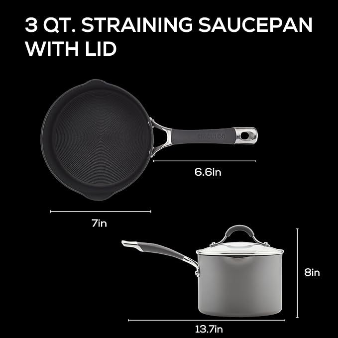 Circulon Radiance Hard-Anodized Nonstick Saucepan, Durable Nonstick Cookware, Sauce Pan with Straining Lid, 3-Quart, Gray - Image 2