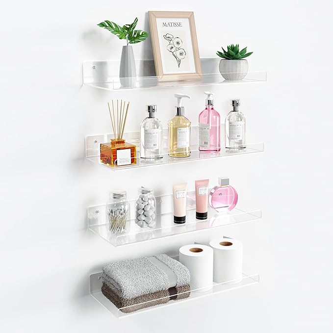 upsimples 4 Pack 15x6 Inches Acrylic Bathroom Shelves for Wall, Floating Bathroom Shelves Over Toilet, Storage Shelf for Toilet Paper, Towels and Toiletries, Clear by upsimples