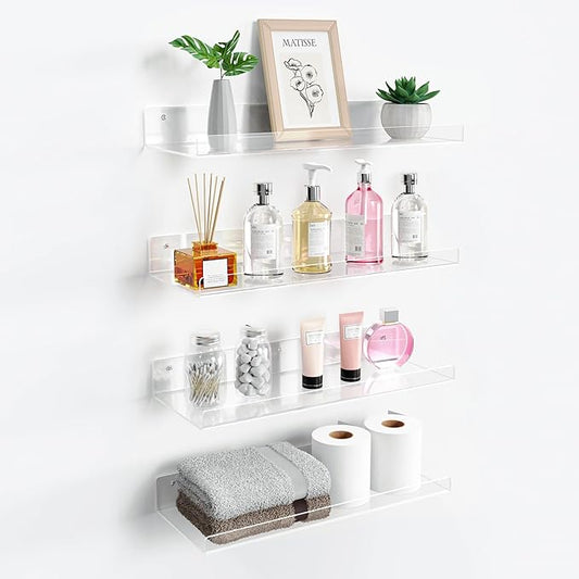 upsimples 4 Pack 15x6 Inches Acrylic Bathroom Shelves for Wall, Floating Bathroom Shelves Over Toilet, Storage Shelf for Toilet Paper, Towels and Toiletries, Clear by upsimples