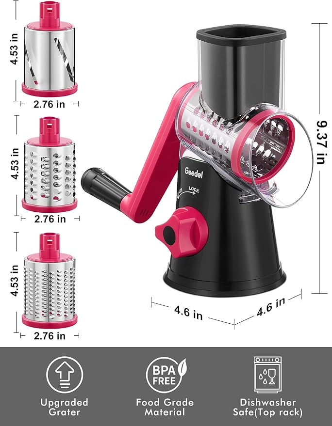 Geedel Rotary Cheese Grater, Kitchen Mandoline Vegetable Slicer with 3 Interchangeable Blades, Easy to Clean Rotary Grater Slicer for Fruit, Vegetables, Nuts - Image 8