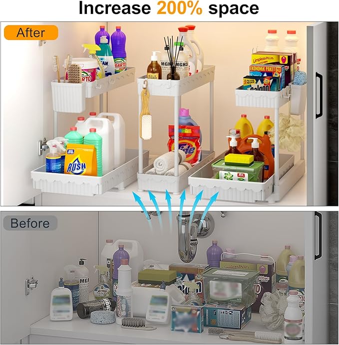 Sevenblue 3 Pack Multi-Purpose Under Sink Organizers and Storage, 2026 L-Shaped Pull Out Cabinet Organizer for Bathroom & Kitchen, Under Cabinet Organizer with Hooks Hanging Cup (White, 14.85 inch) - Image 2