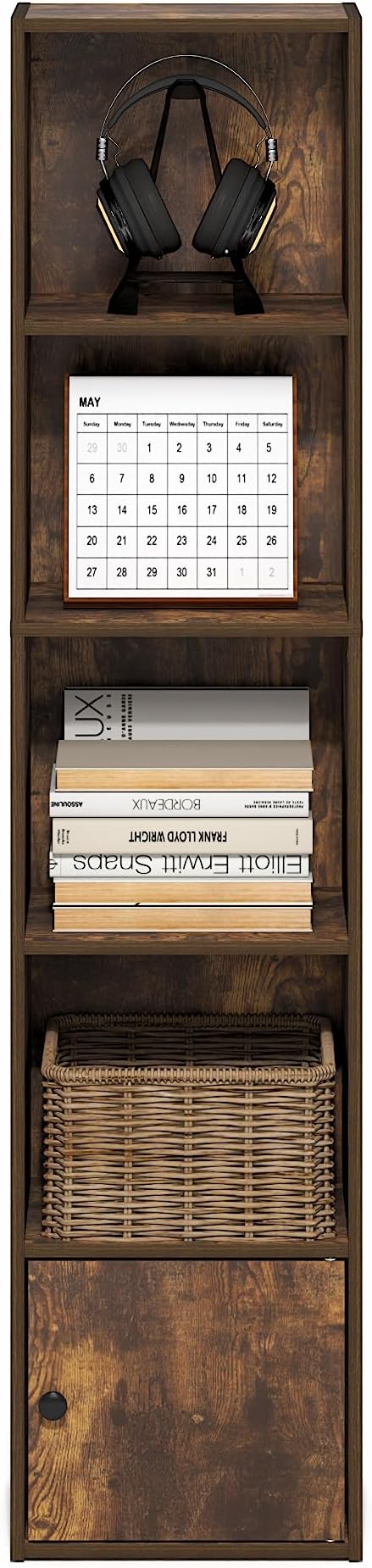 Furinno LUDER Book Shelf, 5-Tier Bookshelf with Open Shelf, Standing Bookcase with 1 Door Cabinet, 9.3 x 12 x 52, for Organization and Storage, for Living Room, Bedroom, Home Office, Amber Pine - Image 5