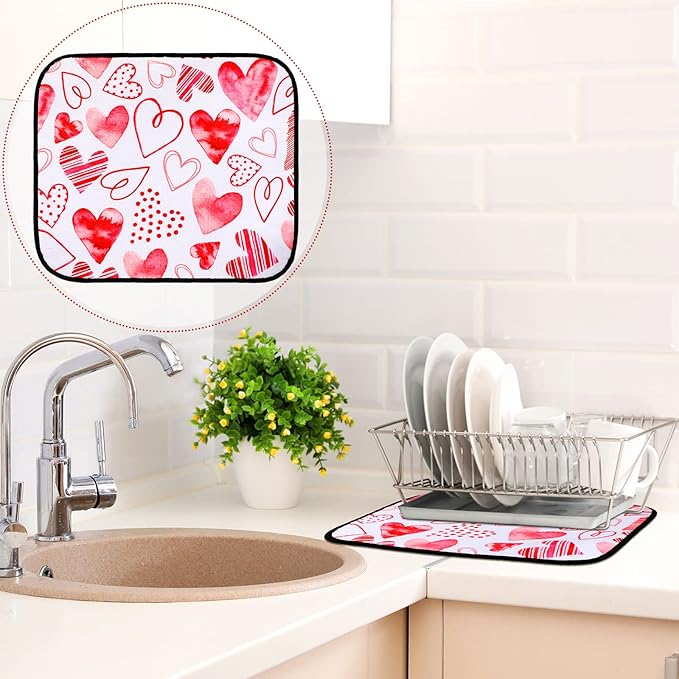 Breling Valentine's Day Dish Drying Mat Valentine Kitchen Dry Mat Absorbent Hearts Table Dishes Pad Red Pink Protect Tableware Kitchen Accessories for Home Decor, 16 x 18.4 Inches